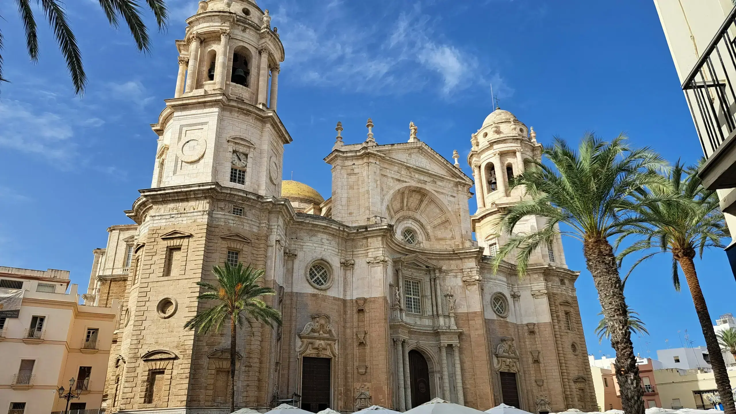 Main facade of Cadiz Cathedral seen from the square.