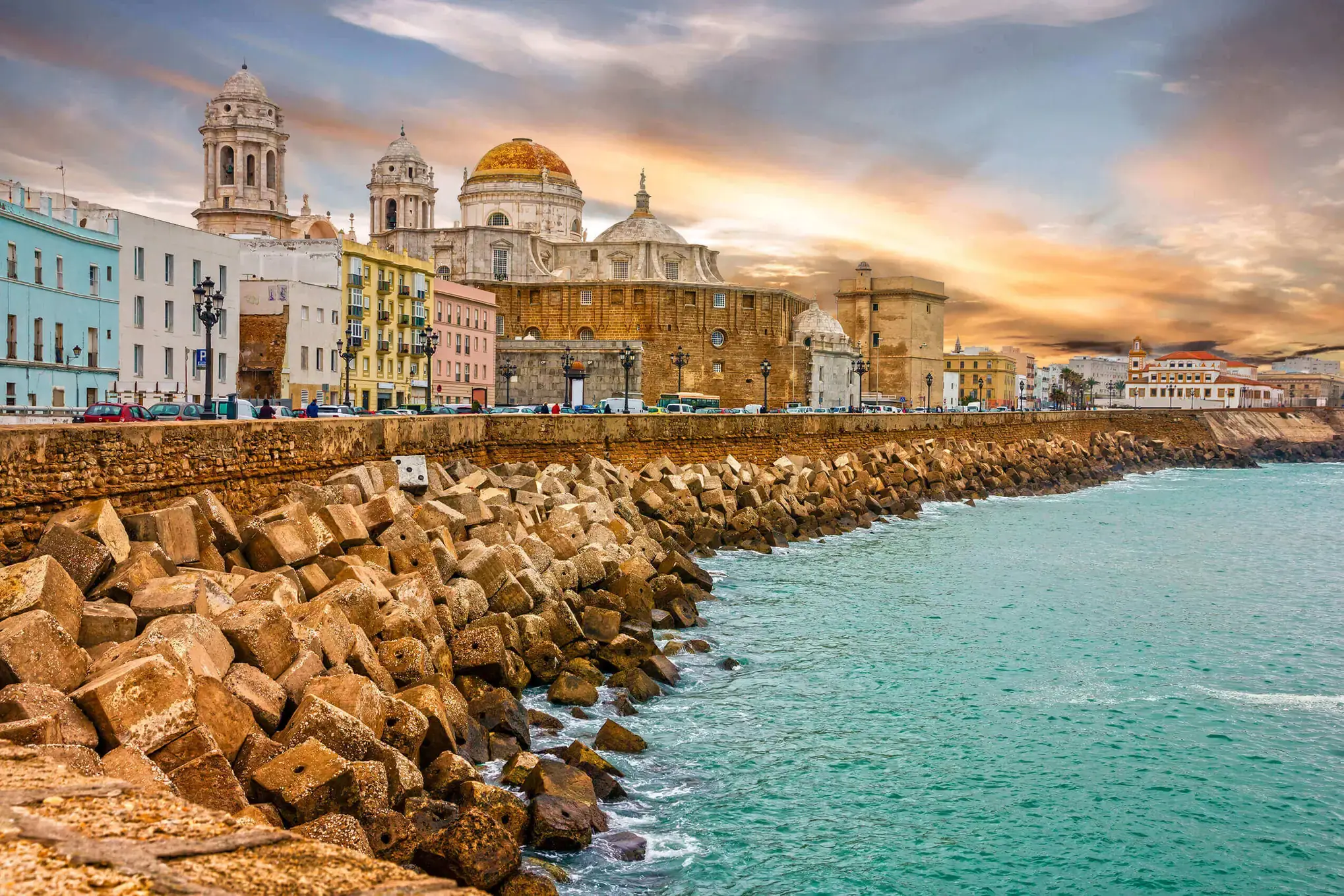View of the Cadiz seafront, with the Cathedral beside Campo del Sur.
